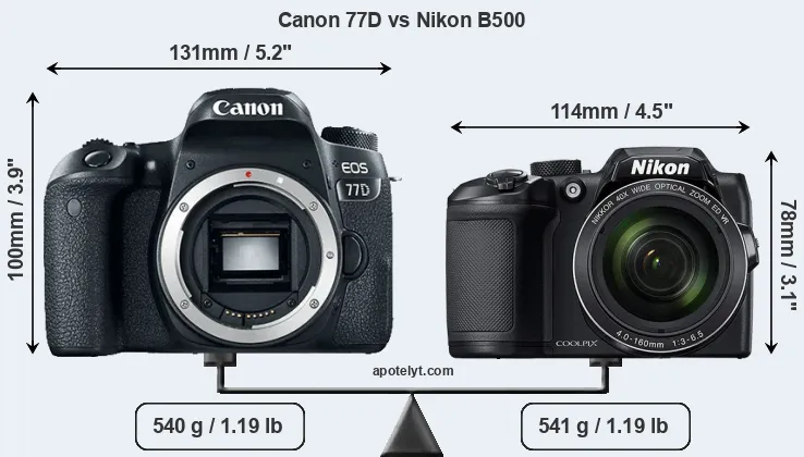 Size Canon 77D vs Nikon B500