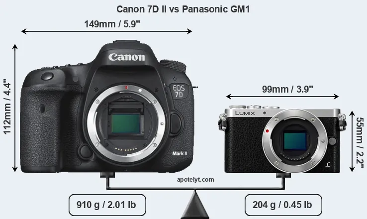 Size Canon 7D II vs Panasonic GM1