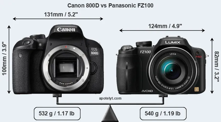 Size Canon 800D vs Panasonic FZ100