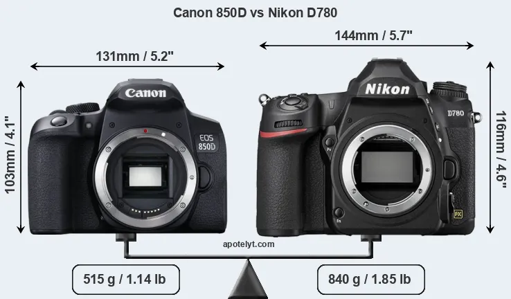 Size Canon 850D vs Nikon D780