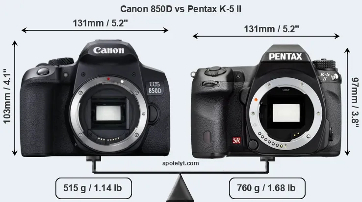 Size Canon 850D vs Pentax K-5 II