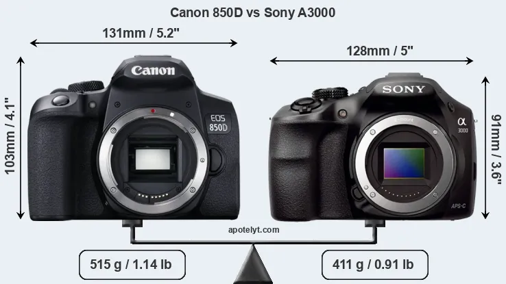 Size Canon 850D vs Sony A3000