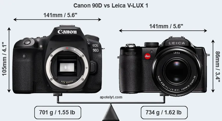 Size Canon 90D vs Leica V-LUX 1