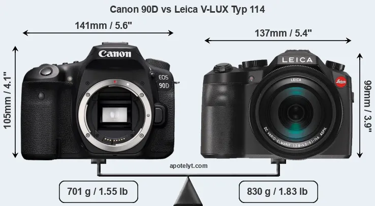 Size Canon 90D vs Leica V-LUX Typ 114