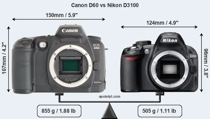 Size Canon D60 vs Nikon D3100