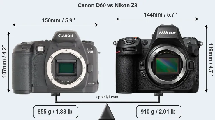 Size Canon D60 vs Nikon Z8
