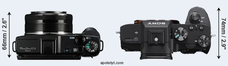 Compare G1X Mark II versus A7 III top