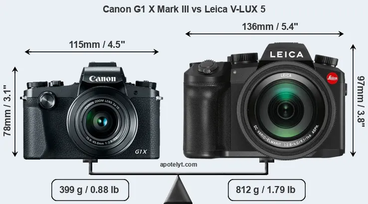 Size Canon G1 X Mark III vs Leica V-LUX 5