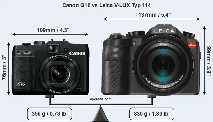Size Canon G16 vs Leica V-LUX Typ 114