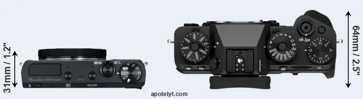 Compare G9X Mark II versus X-T5 top