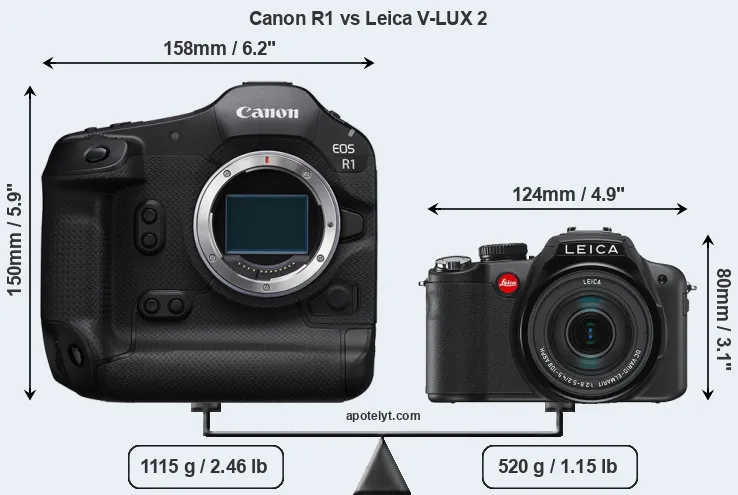 Size Canon R1 vs Leica V-LUX 2