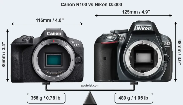 Size Canon R100 vs Nikon D5300