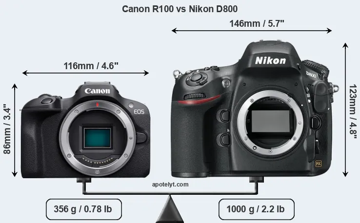 Size Canon R100 vs Nikon D800