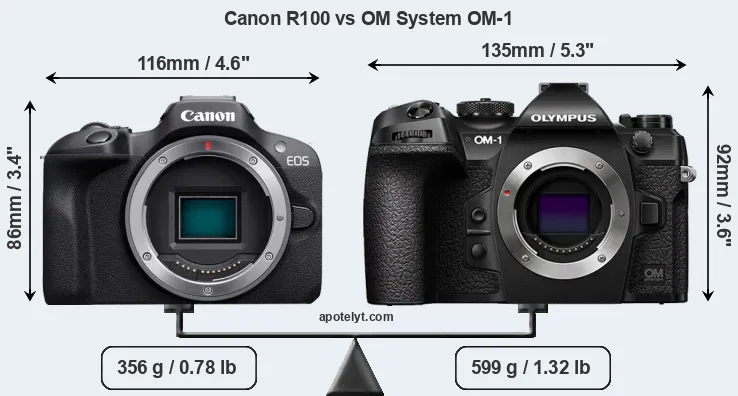 Size Canon R100 vs OM System OM-1
