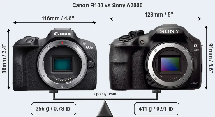 Size Canon R100 vs Sony A3000