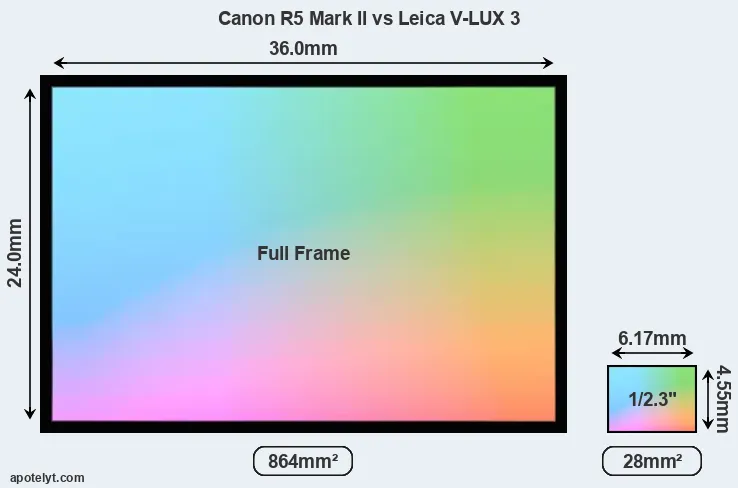 Canon R5 Mark II and Leica V-LUX 3 sensor measures