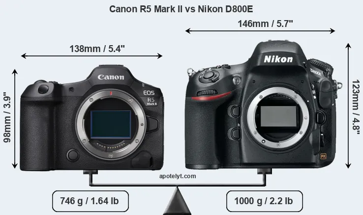 Size Canon R5 Mark II vs Nikon D800E
