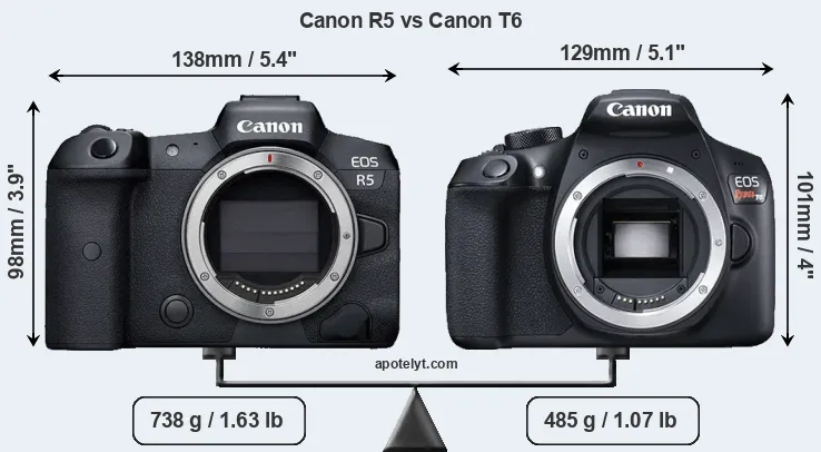 Size Canon R5 vs Canon T6