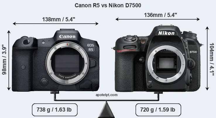 Size Canon R5 vs Nikon D7500