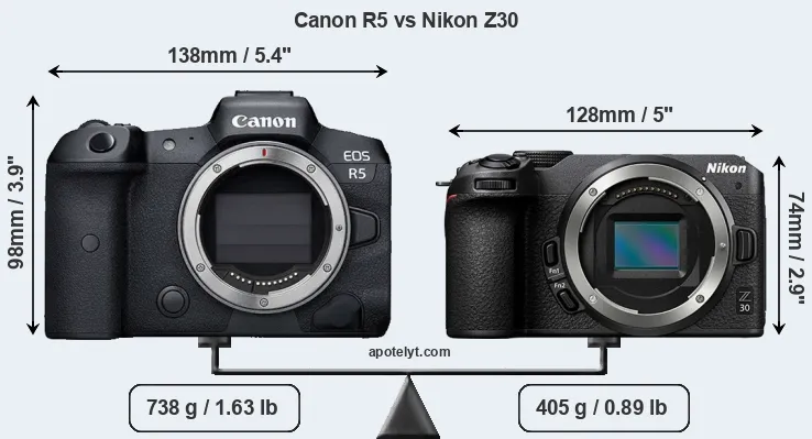 Size Canon R5 vs Nikon Z30