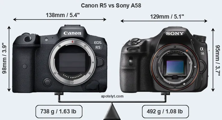 Size Canon R5 vs Sony A58