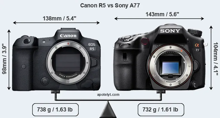 Size Canon R5 vs Sony A77