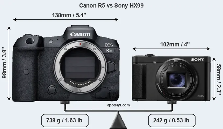 Size Canon R5 vs Sony HX99