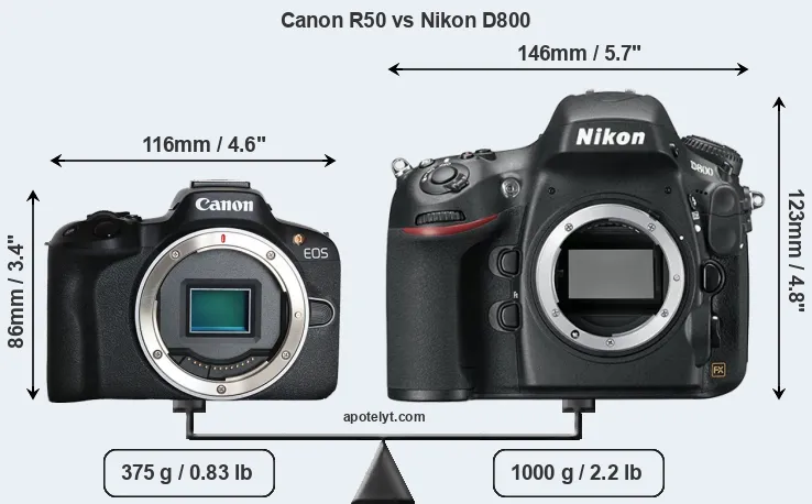 Size Canon R50 vs Nikon D800