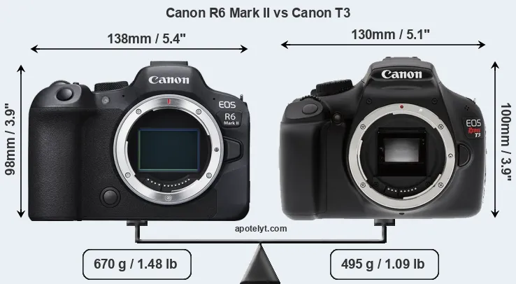 Size Canon R6 Mark II vs Canon T3