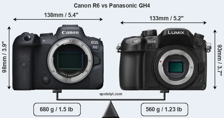 Size Canon R6 vs Panasonic GH4