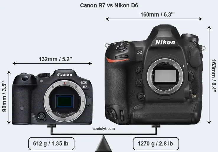 Size Canon R7 vs Nikon D6