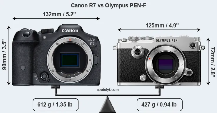 Size Canon R7 vs Olympus PEN-F