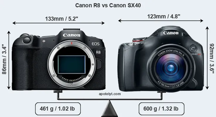 Size Canon R8 vs Canon SX40