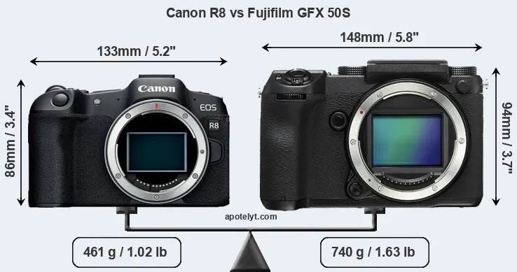 Size Canon R8 vs Fujifilm GFX 50S
