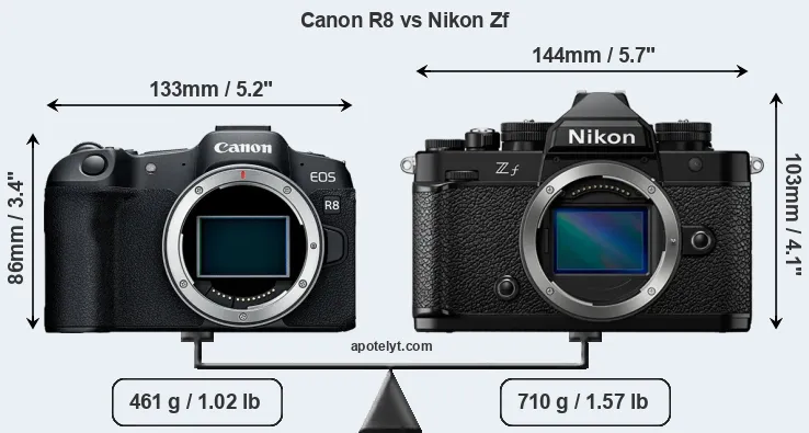 Size Canon R8 vs Nikon Zf