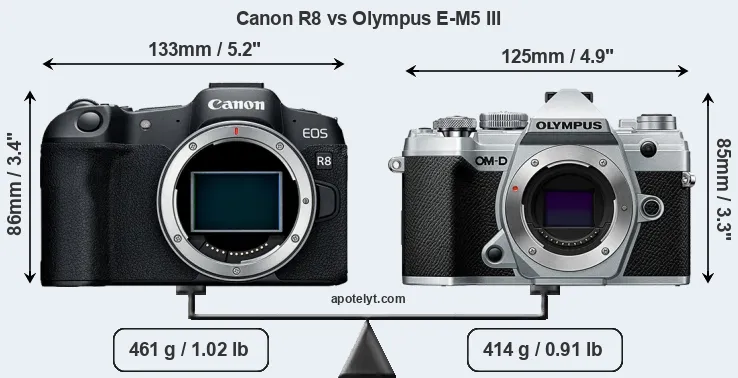 Size Canon R8 vs Olympus E-M5 III