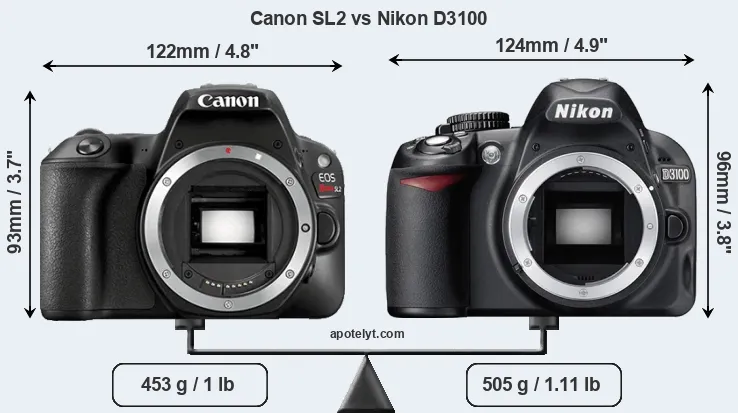 Size Canon SL2 vs Nikon D3100
