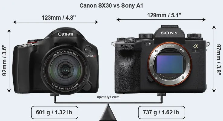 Size Canon SX30 vs Sony A1