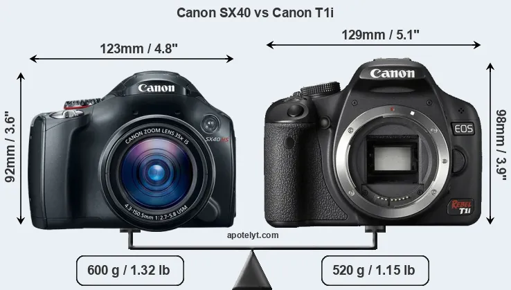 Size Canon SX40 vs Canon T1i