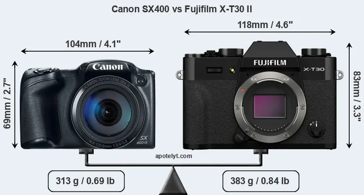 Size Canon SX400 vs Fujifilm X-T30 II