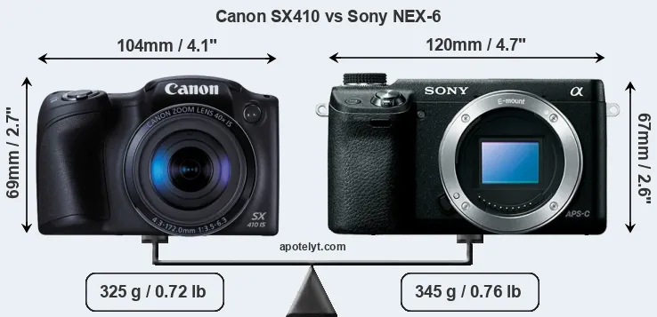 Size Canon SX410 vs Sony NEX-6