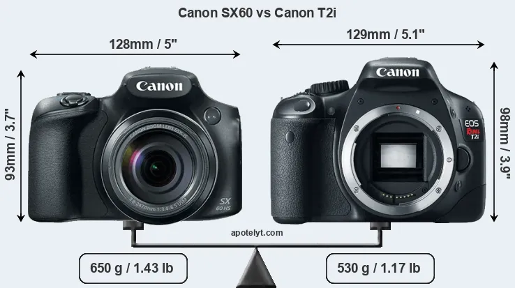 Size Canon SX60 vs Canon T2i