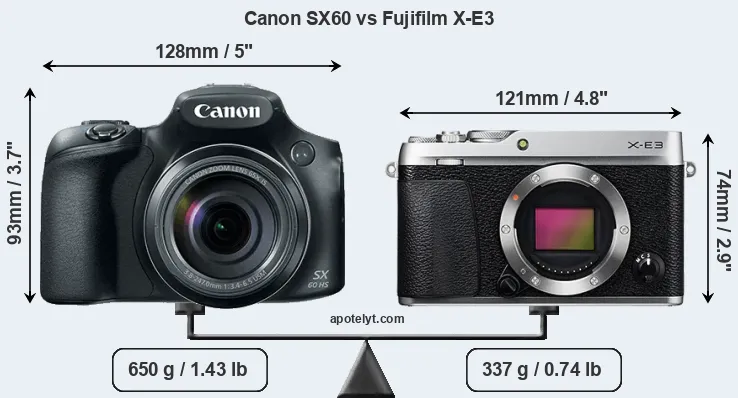 Size Canon SX60 vs Fujifilm X-E3