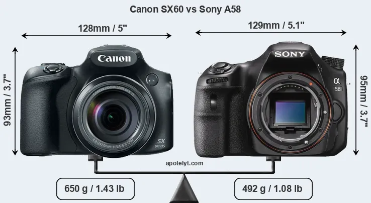 Size Canon SX60 vs Sony A58