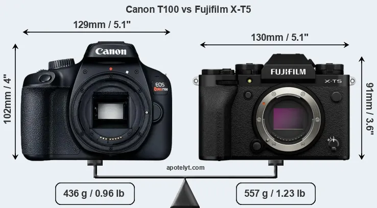 Size Canon T100 vs Fujifilm X-T5