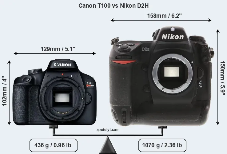 Size Canon T100 vs Nikon D2H