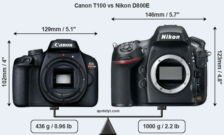 Size Canon T100 vs Nikon D800E