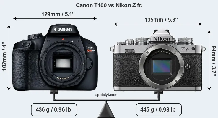 Size Canon T100 vs Nikon Z fc