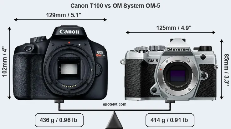 Size Canon T100 vs OM System OM-5