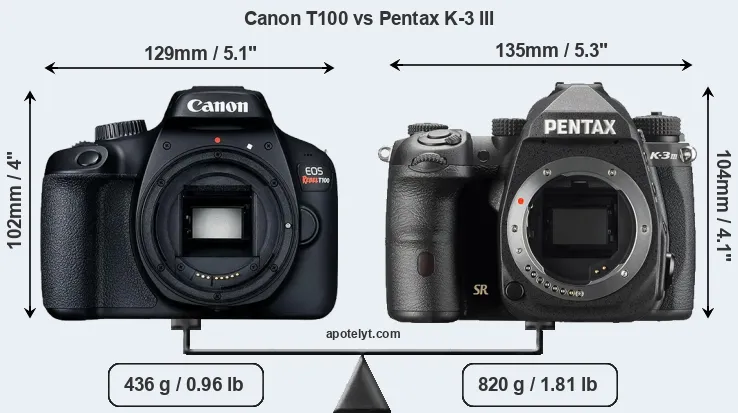 Size Canon T100 vs Pentax K-3 III